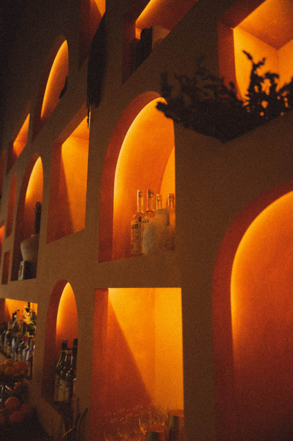 Glowing arched niches behind the bar